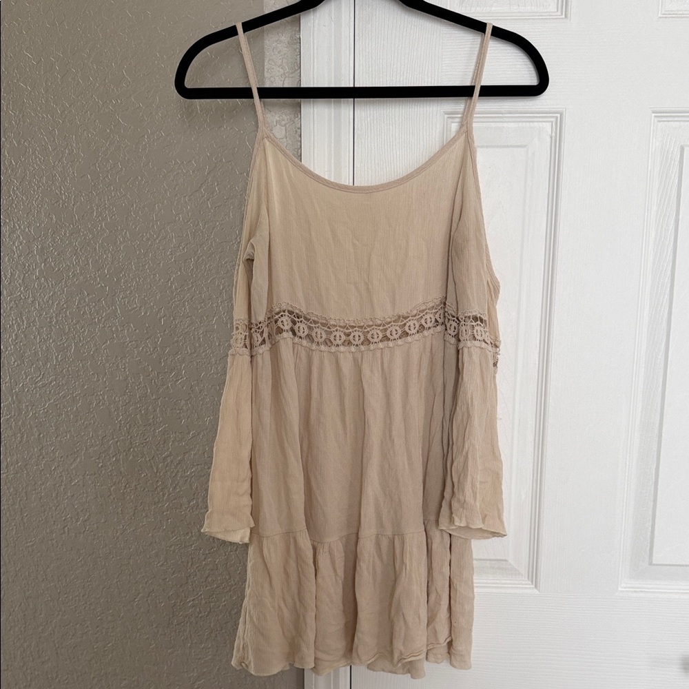 Beige Cold-Shoulder Lace Trim Mini Dress